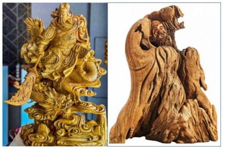 屏東分署受屏東地檢署囑託，半價法拍藝品店內的關公（左）與達摩（右）木雕